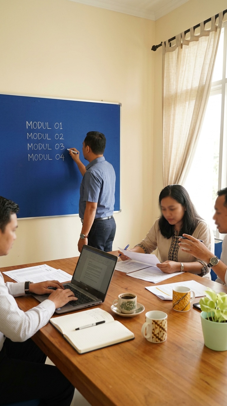 Tim pengajar Kelas Finansial Indonesia mendiskusikan susunan modul di ruang redaksi Palembang.