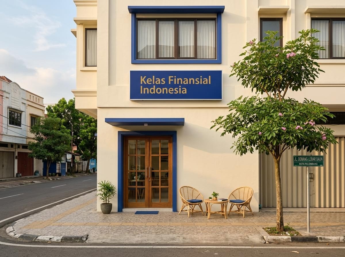 Pintu ruang kelas Kelas Finansial Indonesia di Jl. Demang Lebar Daun, Palembang.