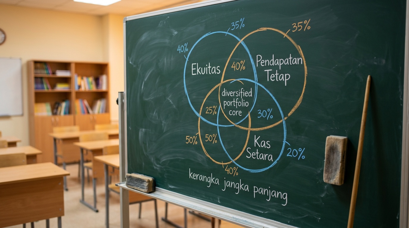Diagram alokasi aset sederhana digambar di papan tulis kelas finansial.