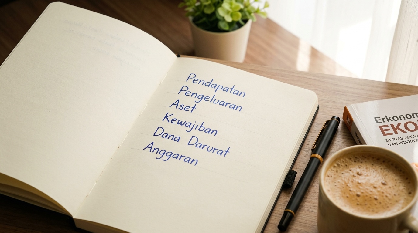Catatan modul dasar literasi keuangan Indonesia di atas meja belajar Palembang.