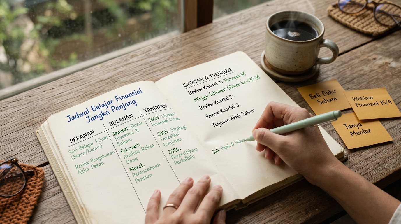 Tangan menulis kerangka jadwal belajar finansial tahunan di buku planner.