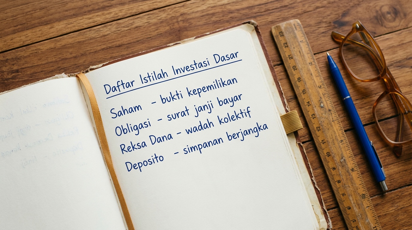 Daftar istilah investasi dasar tertulis tangan di buku catatan kurikulum Kelas Finansial Indonesia.