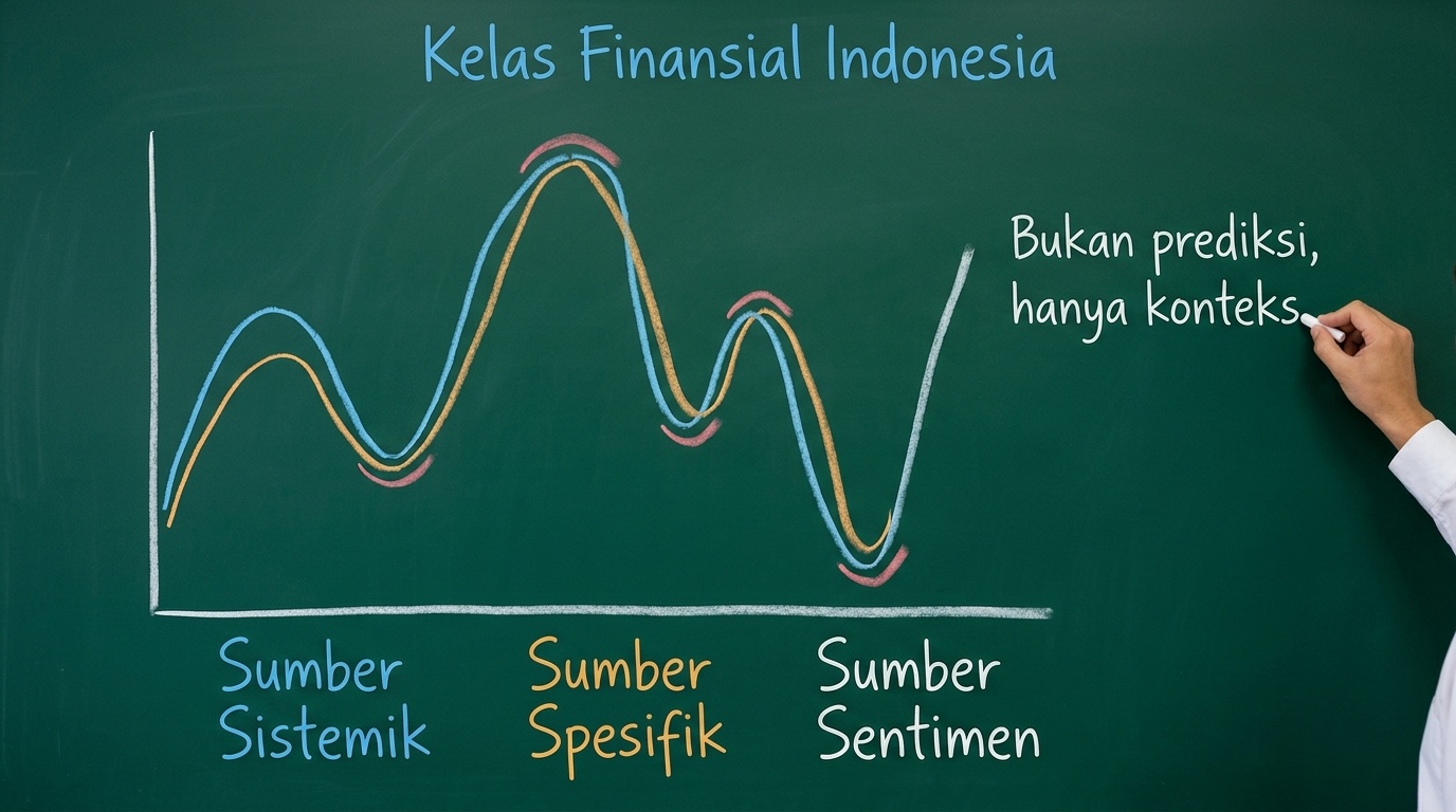 Grafik garis bergerak naik turun digambar dengan kapur warna pada papan kelas.